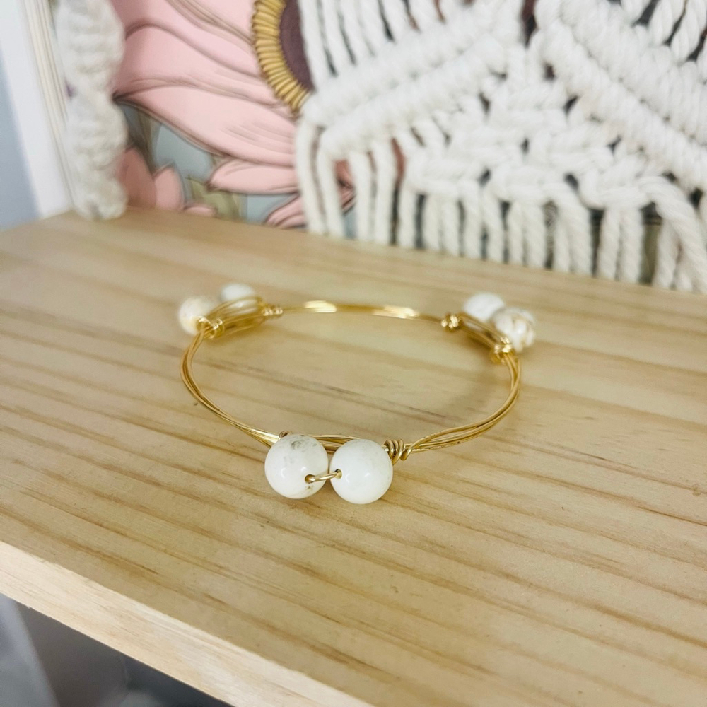 Gold Tone Beaded Bangle Bracelet | White Stone Wire Wrap| Stackable Boho - Picture 2 of 7